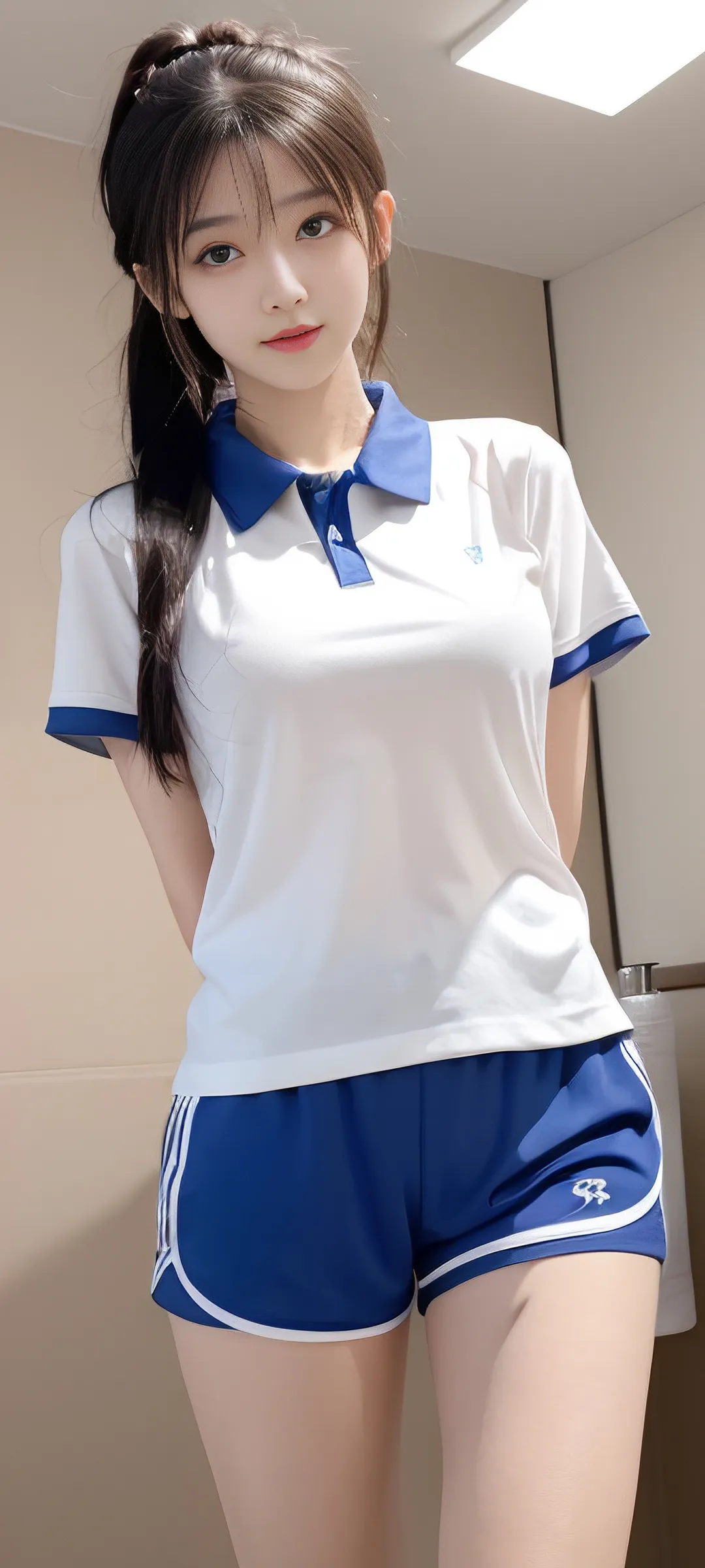 白色衣服蓝色短裤AI绘画美女 手机壁纸