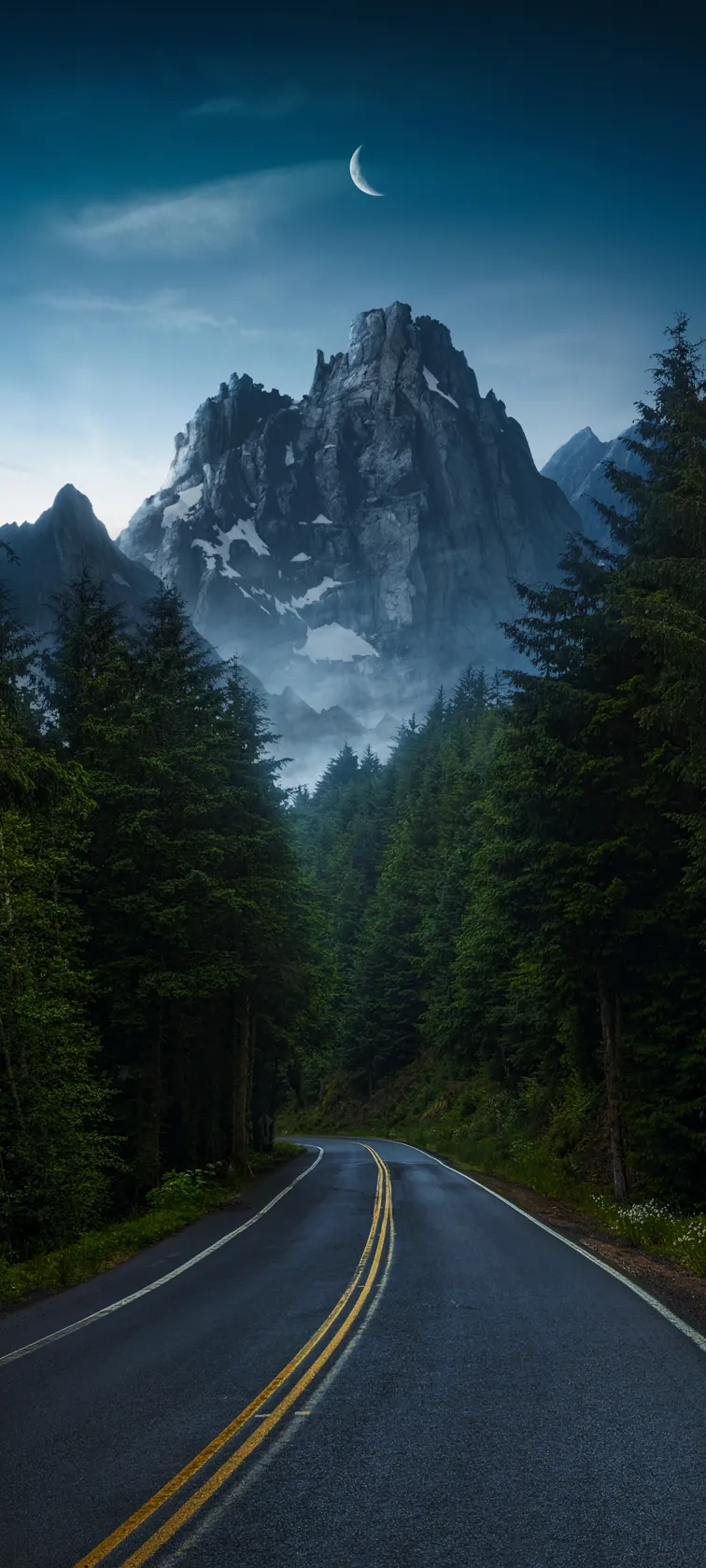 雪山 青松 月亮 深山公路风景手机壁纸