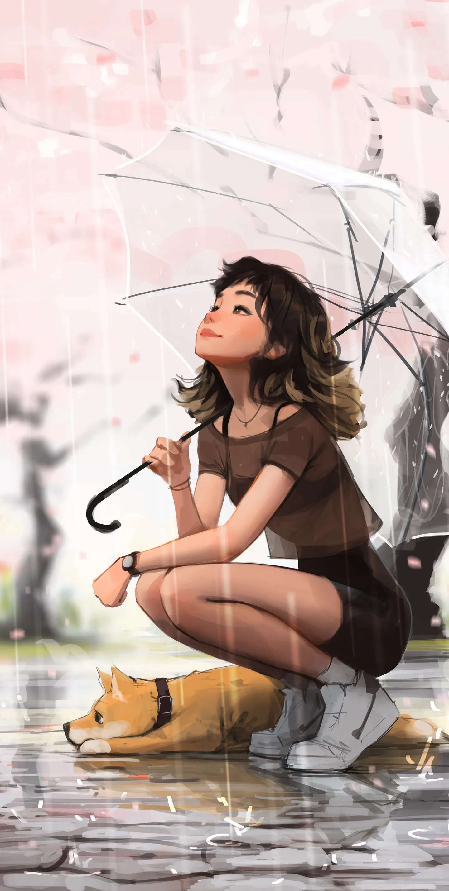 雨中少女与狗狗：撑伞遮雨的唯美插画，萦绕雨水的动人情感 手机壁纸