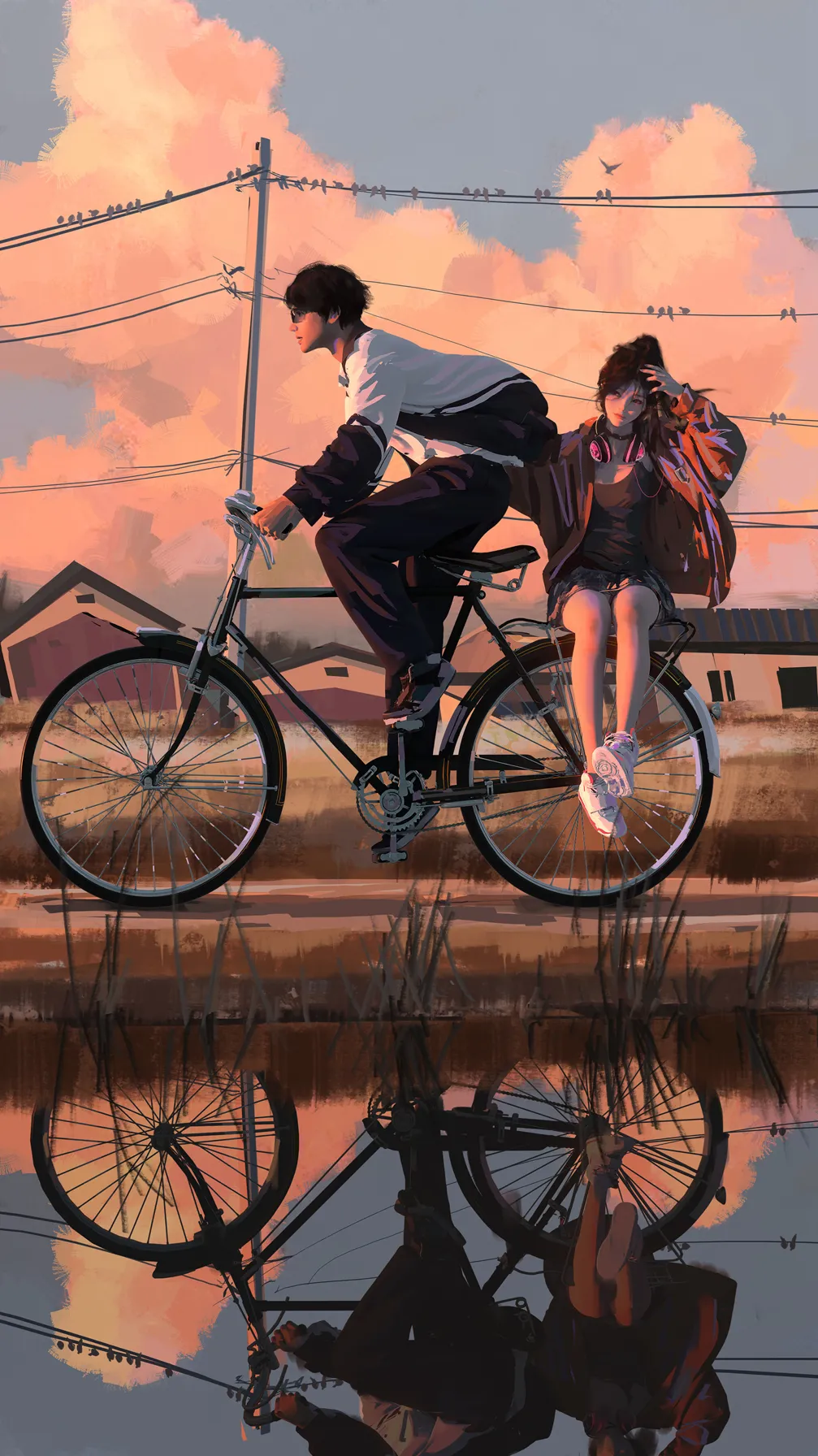 骑着自行车，行驶在乡间田野路上，男生载着女生温馨插画手机壁纸美图